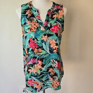 Adrianna Papell Sleeveless Green Floral Blouse Size M Open neck Tropical Summer